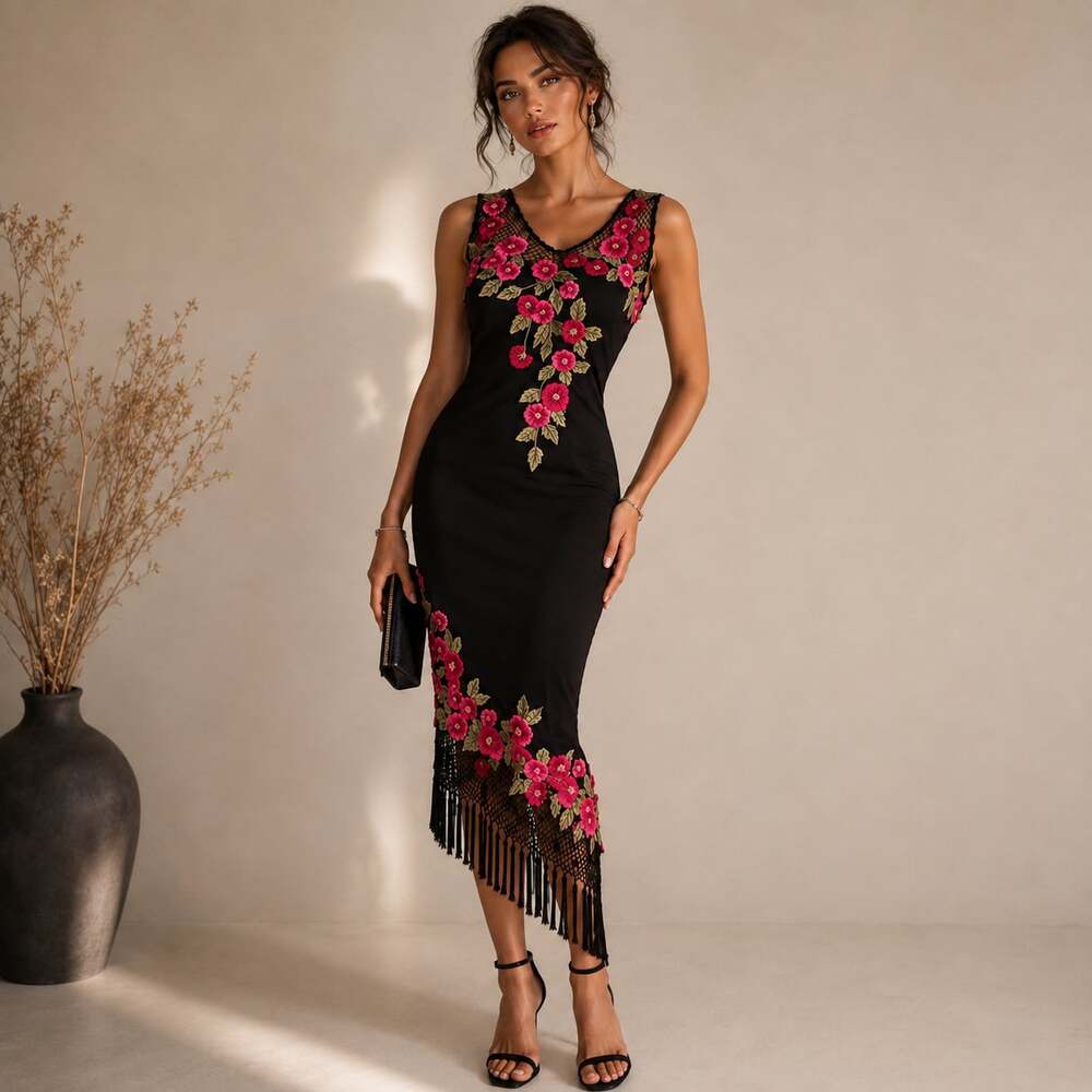 Vintage Cache Silk Dress Size 6 Black Pink Floral Embroidered Mesh Fringe Y2K